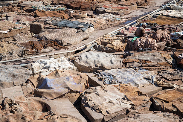 Close-up of animal hides spread across stone pits during the leather tanning process in Marrakesh, Morocco.