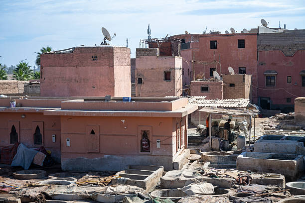 Workers handling animal hides in a traditional leather tannery in Marrakesh, Morocco.