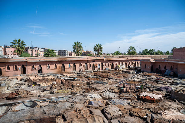 Wide view of a traditional tannery with numerous pits and animal hides spread out to dry in Marrakesh, Morocco.