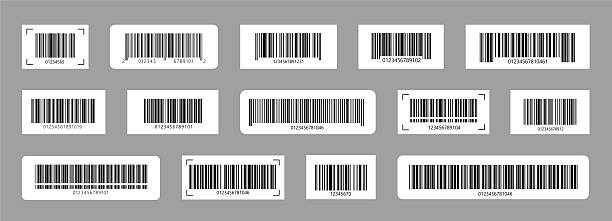 Set of barcode stickers fake with different thick and thin lines. Vertical streaks, strips with random information lines. Abstract geometric texture background for retail, supermarket