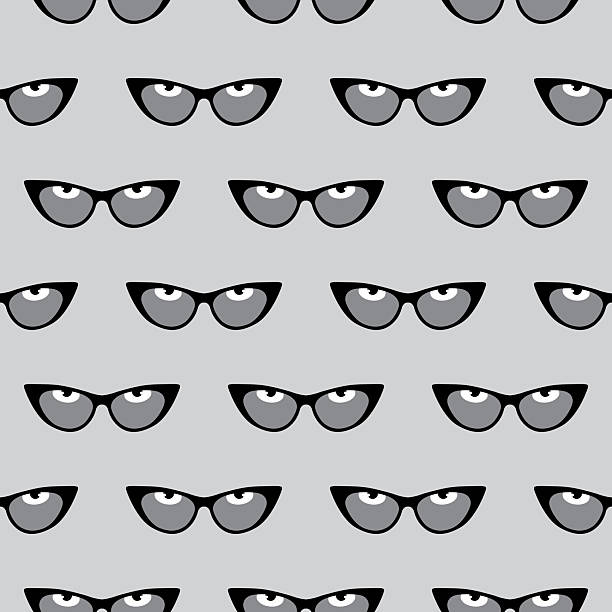 Vector seamless pattern of  black cat's eye glasses with eyes in them on a gray background.