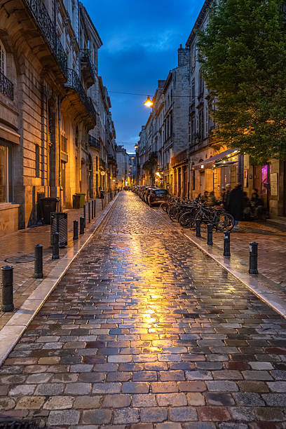A wet cobblestone street in Bordeaux glows with warm streetlights at dusk, framed by historic buildings, bicycles and cafes, evoking romantic European atmosphere and soft evening reflections.