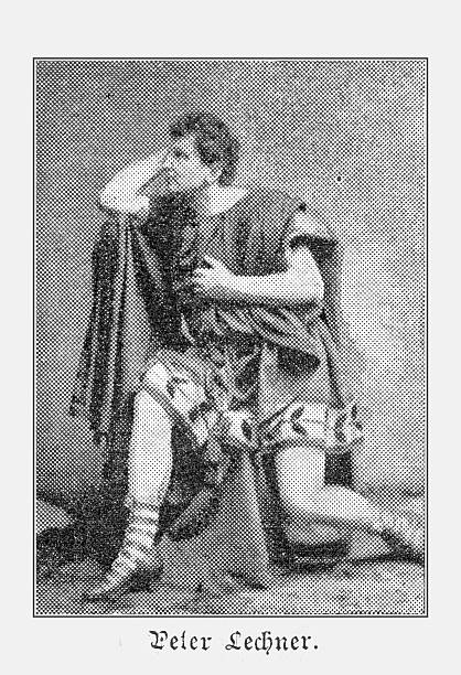Black and white photomechanical print of the actor Peter Lechner in a dramatic kneeling pose. He is wearing a Roman or classical-style costume, suggesting a theatrical performance. His expression is one of contemplation or distress. Published in the late 19th century.