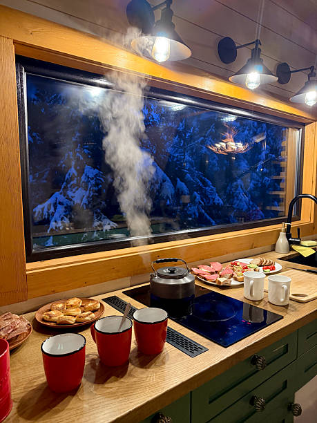 Steaming kettle on stove in cozy winter cabin kitchen