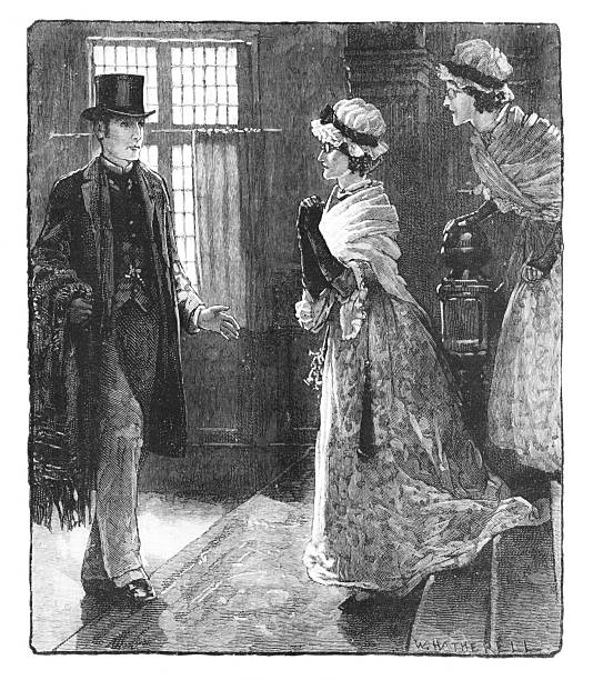 Middle-aged female twins greet a young man (possibly a nephew) at their house. Engravings published in 1886. Original edition is from my own archives. Copyright has expired and is in Public Domain.