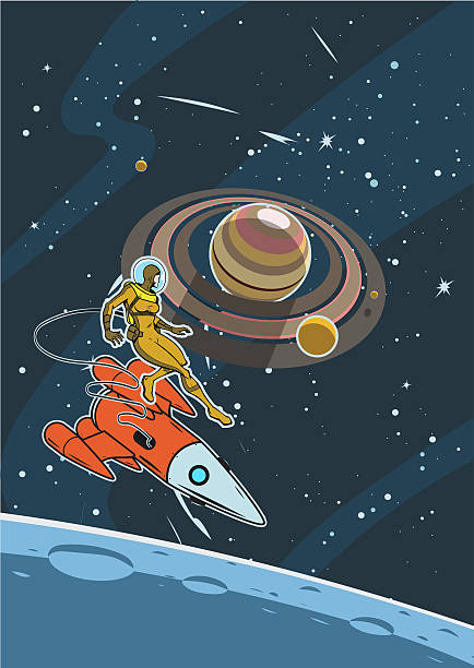 A retro style vector illustration a female astronaut floating in outer space, with spaceship, stars, and planets in the background. Wide space available for your copy. Human drawn, no generative AI was used.