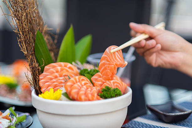 Close up raw salmon fillet slices texture, juicy of salmon fish