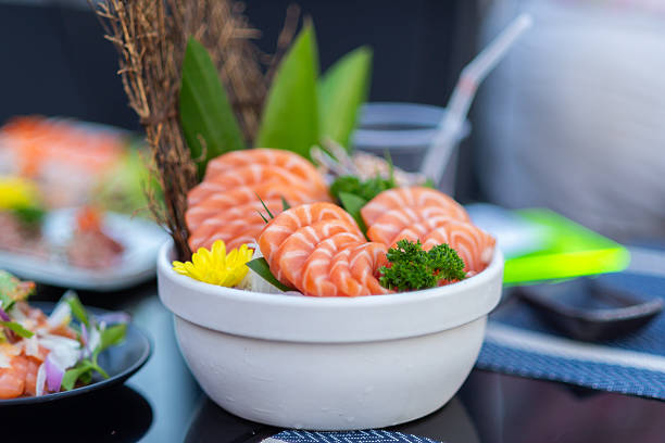Close up raw salmon fillet slices texture, juicy of salmon fish