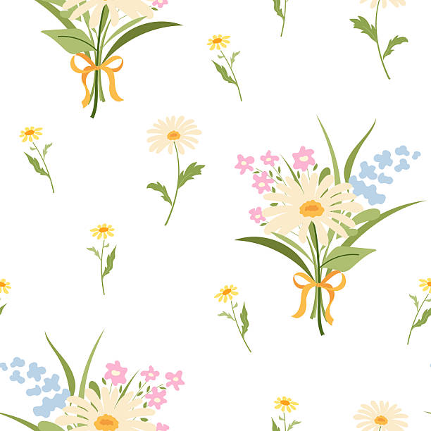 Colorful seamless pattern with daisy and wildflowers, blue greenery and ribbon-tied bouquets. Decorative botanical design for fabric, paper, packaging, wedding stationery. Summer vector illustration