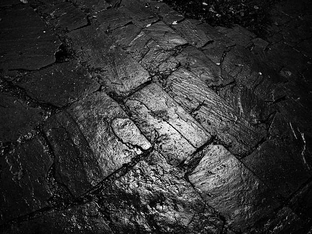 Wet cobblestone pavement texture in black and white during nighttime creating an abstract pattern
