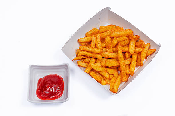 Crispy Seasoned Fries Ketchup Bowl, Clean White Box Plating, Golden Salted Sticks, Textured Crunch,
