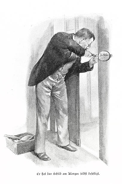 Authentic 19th-century engraving depicting a doctor carefully attaching his own nameplate, which reads 'Dr. Müller', to his office door. A box of tools sits on the floor beside him. The original German caption translates to 'He attached the sign himself in the morning'.