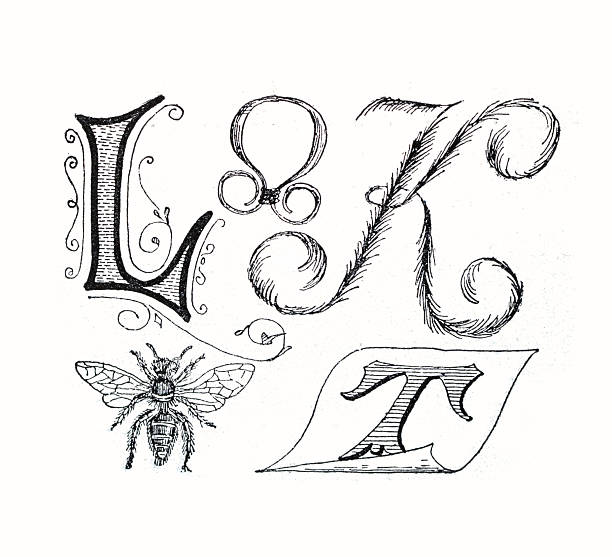A collection of ornate, stylized capital letters L, K, T, and an ampersand, alongside a detailed illustration of a bee. This black and white line art showcases various decorative techniques typical of 19th-century typography and engraving.