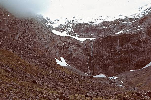 snow capped mountains above hanging valley near tunnel.Homer Tunnel, Fiordland, New Zealand.   5th January 1977