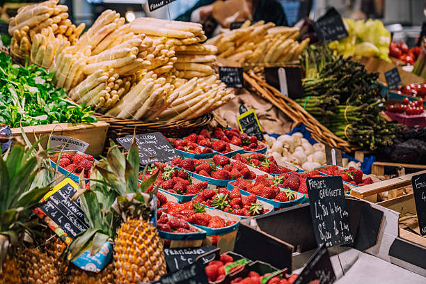 Bordeaux Market Stall With Fresh Strawberries And Asparagus
