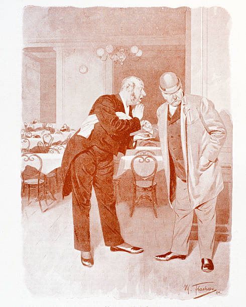 A waiter or maître d' leans in to speak confidentially to a well-dressed gentleman in a bowler hat. The scene takes place in an empty restaurant dining room. The illustration, signed and dated 1894, captures a moment of private conversation in the late 19th century.