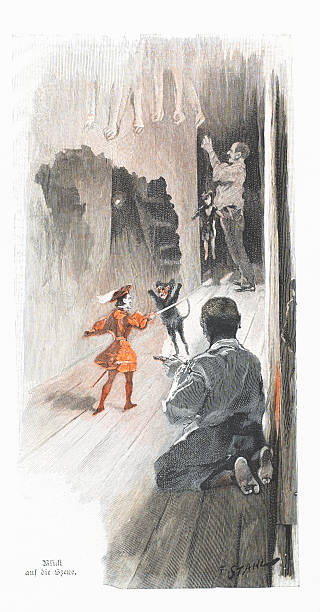 A chaotic and dramatic backstage view of a puppet theater from the 19th century. In the foreground, a barefoot man kneels and aims a pistol at the stage, where a costumed actor is in a sword duel with a black cat puppet. In the background, another man operates a puppet, and disembodied hands hang from above. The original German caption reads 'Blick auf die Scene' (View of the scene). Engraving by F. Stahl.