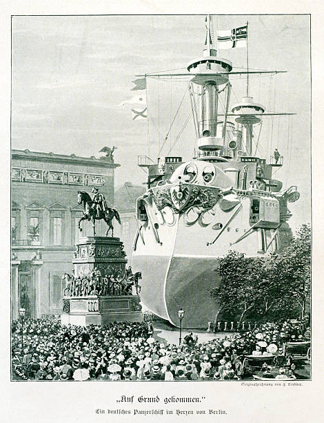 A satirical 19th-century illustration titled 'Auf Grund gekommen' (Run Aground) by F. Lindner, depicting an impossible scene of a German battleship (Panzerschiff) stranded in a city square in the heart of Berlin. A large crowd gathers around the warship and an equestrian monument. This political cartoon likely comments on the naval ambitions and arms race of the German Empire under Kaiser Wilhelm II.