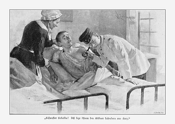 Authentic black and white illustration from a German publication, circa 1900. A doctor uses a monaural stethoscope to examine a sick man in a hospital bed. A nurse, identified in the caption as Sister Sebalda, assists. The caption reads: 'Sister Sebalda! I particularly commend Hübner to your care.'