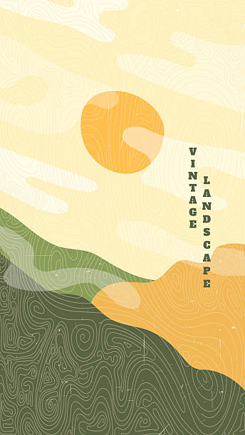 Vector illustration. Abstract landscape background with textured layer. Design elements for flyer, leaflet, coupon. Vintage art. 70s, 80s retro graphic. River, hills and desert with cloudy sky