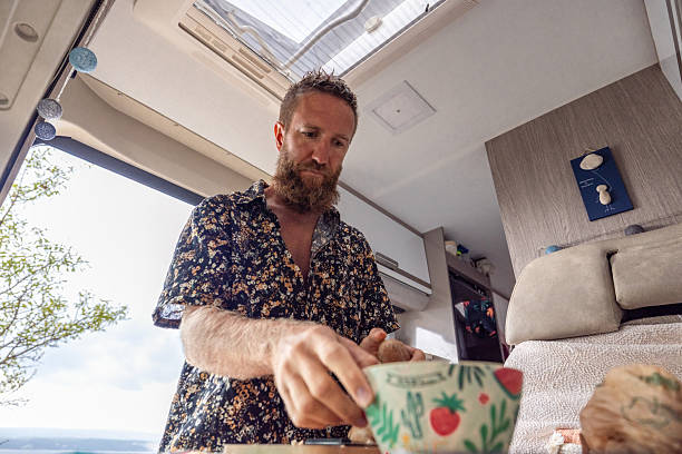 Van Life Morning Routine – Man Cooking Breakfast Inside Camper Van