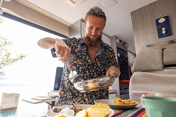 Van Life Morning Routine – Man Cooking Breakfast Inside Camper Van