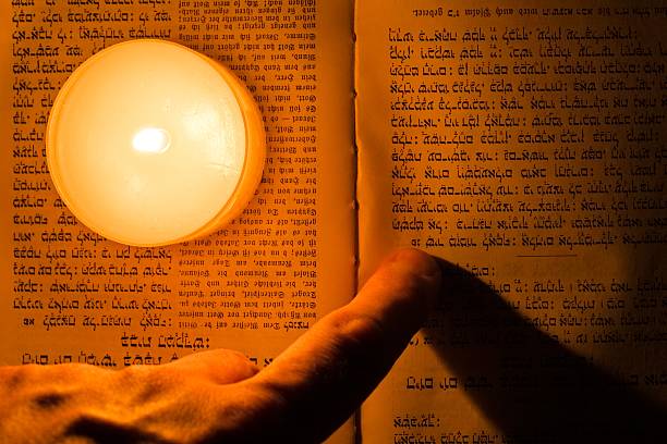 Hand pointing to vintage book with Hebrew and German Fraktur text, illuminated by warm candlelight. Historic, religious and scholarly atmosphere.