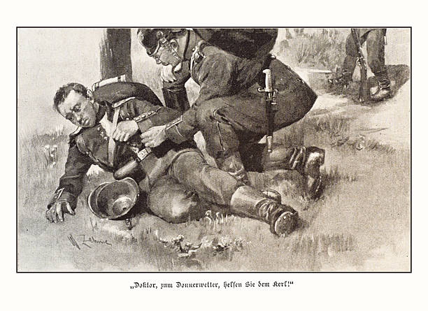 Authentic 19th-century style illustration depicting a dramatic battlefield scene where a German soldier provides aid to a wounded comrade. The German caption below reads: „Doktor, zum Donnerwetter, helfen Sie dem Kerl!“ which translates to 