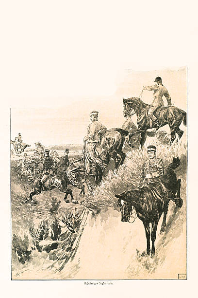 Authentic 19th-century engraving depicting a group of horsemen, possibly cavalry or a hunting party, navigating a challenging, steep, and bushy landscape. The original German caption reads 'Schwieriges Jagdterrain,' which translates to 'Difficult Hunting Terrain.' Illustration by J. v. Kossak.