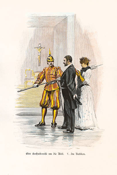 A 19th-century color illustration from the series 'A Honeymoon around the World,' depicting a newlywed couple visiting the Vatican. A Pontifical Swiss Guard in his traditional Renaissance-era uniform stands before them, holding a halberd. The scene takes place in an interior with a crucifix on the wall. From a German publication, circa 1880.