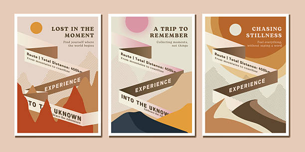 A collection of abstract, earthy-tone travel posters promoting adventure, exploration, and stillness with modern minimalist design.