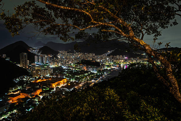 Night view of Rio de Janeiro, Brazil, with city lights spreading across the urban landscape framed by trees and hills.
