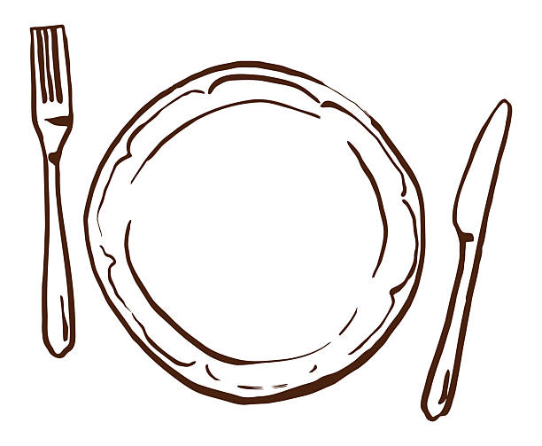 Hand drawn plate with fork and knife in brown line art. Simple vintage style vector illustration. Table setting, dining, restaurant and cafe food graphic.