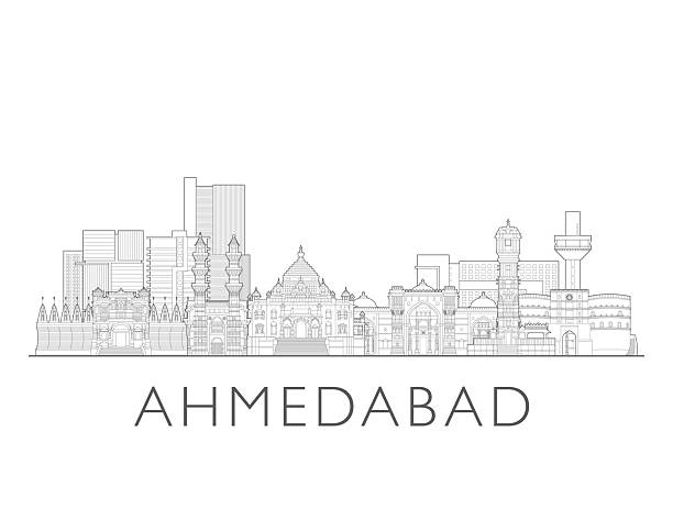 Ahmedabad skyline, India. Urban cityscape with landmarks and monuments. Hand drawn line art digital skyline illustration.