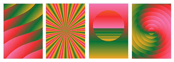 Abstract chromatic gradient background set with waves, sunburst rays, sunset horizon and concentric circles. Vibrant retro spectrum poster and music cover design