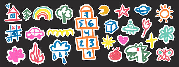 Kids Crayon scrapbook doodles set. Playful retro hand drawn scribble stickers. Childish cutout elements with rough edges, car, rainbow, sun, moon, planets, dinosaur, flowers, butterflies, UFO