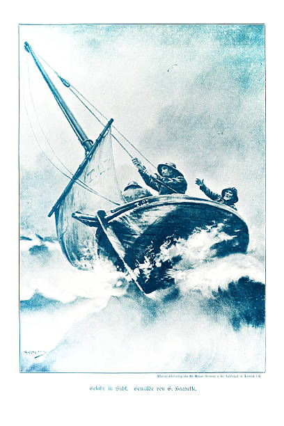 Authentic 19th-century print after a painting by Georges Haquette titled 'Gefahr in Sicht' (Danger in Sight). The dramatic scene depicts two fishermen in a small sailboat struggling against a violent storm on the high seas, with one man pointing towards an unseen peril.