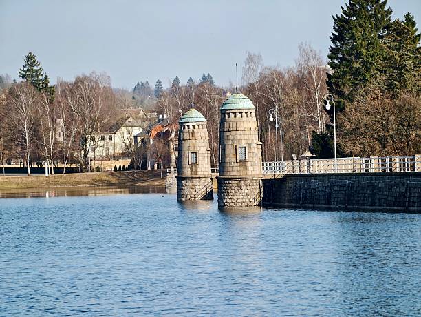 Promenade near ornate intake towers lakeside, railing and walkway leading eye to twin stone towers, shimmering