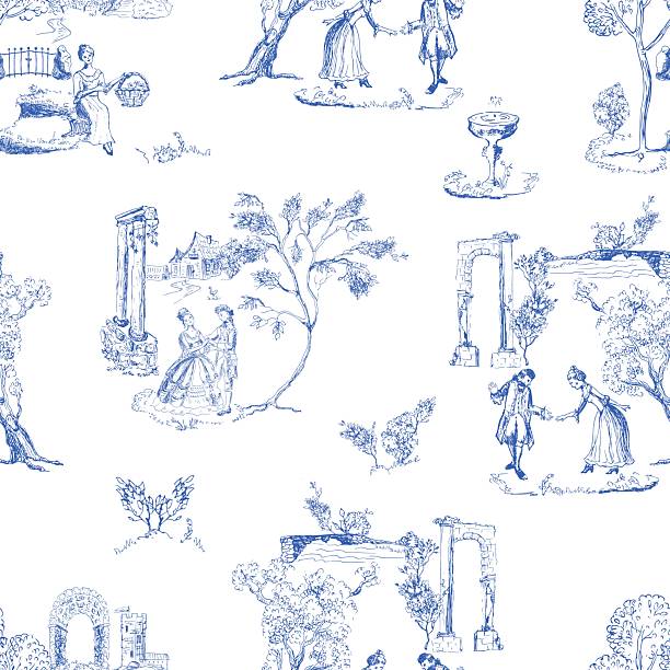 Blue  wallpaper toile de Jouy, textile pattern, men and women dancing and talking against a backdrop of  an antique colonnade.