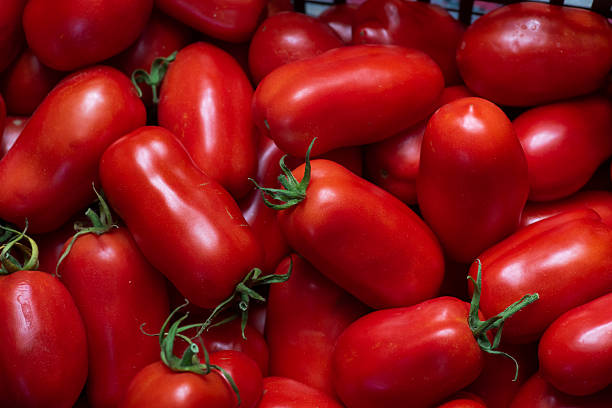 Ripe San Marzano Tomatoes Arranged on Textured Surface
