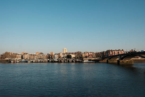 Serene view of the river thames flowing past historic riverside buildings and a long line of moored houseboats, with putney bridge connecting the bustling urban landscape under a clear blue sky