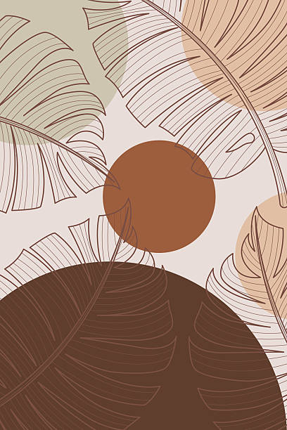 Abstract tropical leaf patterns in mid century modern style, featuring organic shapes and warm earth tone colors. Perfect for wallpaper, textile, branding, packaging, and contemporary decor projects.