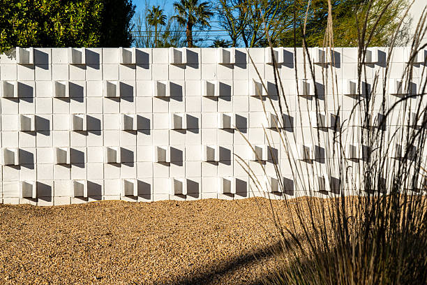 A mid century modern block wall surrounds a house in Palm Springs California.
