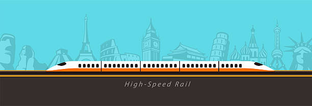 High speed bullet train coming out, modern flat design, background is landmarks of the world