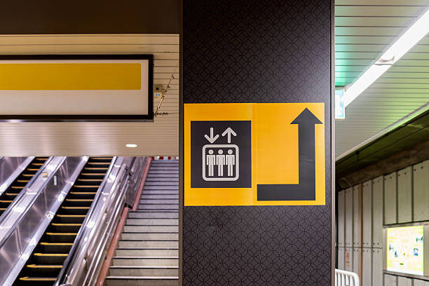 Elevator directional sign with arrow inside a modern Japanese train station next to an escalator. Concept of urban wayfinding, navigation system and public transportation facility in Tokyo.