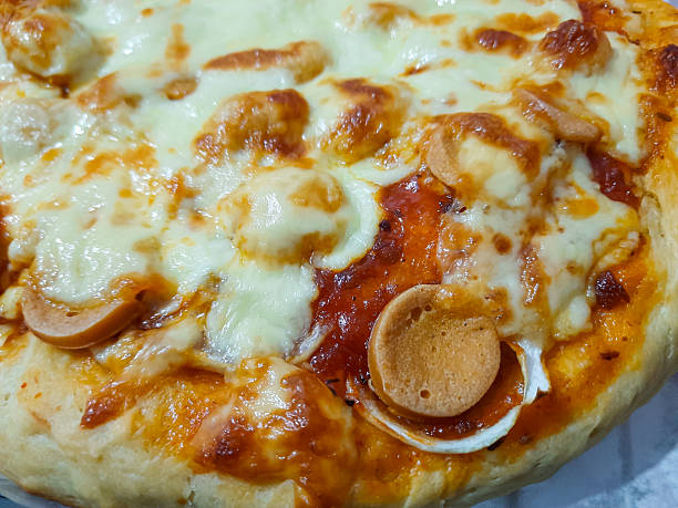 Homemade Sausage Cheese Pizza Close Up Fresh Baked Texture