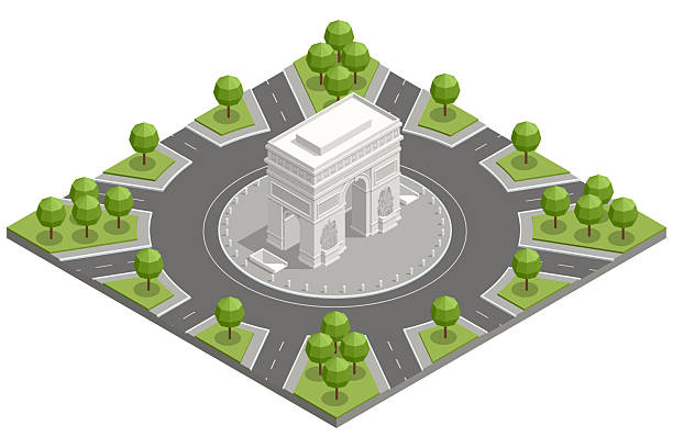 Isometric illustration of the Arc de Triomphe in Paris with a large roundabout, roads and green areas, showing classic European architecture in an old city landmark scene.