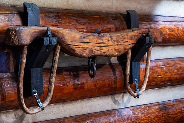 A wooden yoke is displayed on a wall made of logs.