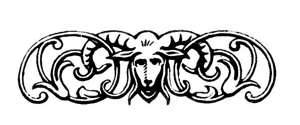Decorative scroll ornament engraving from Victorian architectural reference Black and white ornamental scroll motif printed in a nineteenth century illustrated book about archaeology and architecture. Historical engraving showing classical decorative pattern used in stone carving and medieval design. mouflon ram stock illustrations
