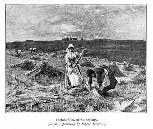 DIstant View of Stonehenge with two women working the land.